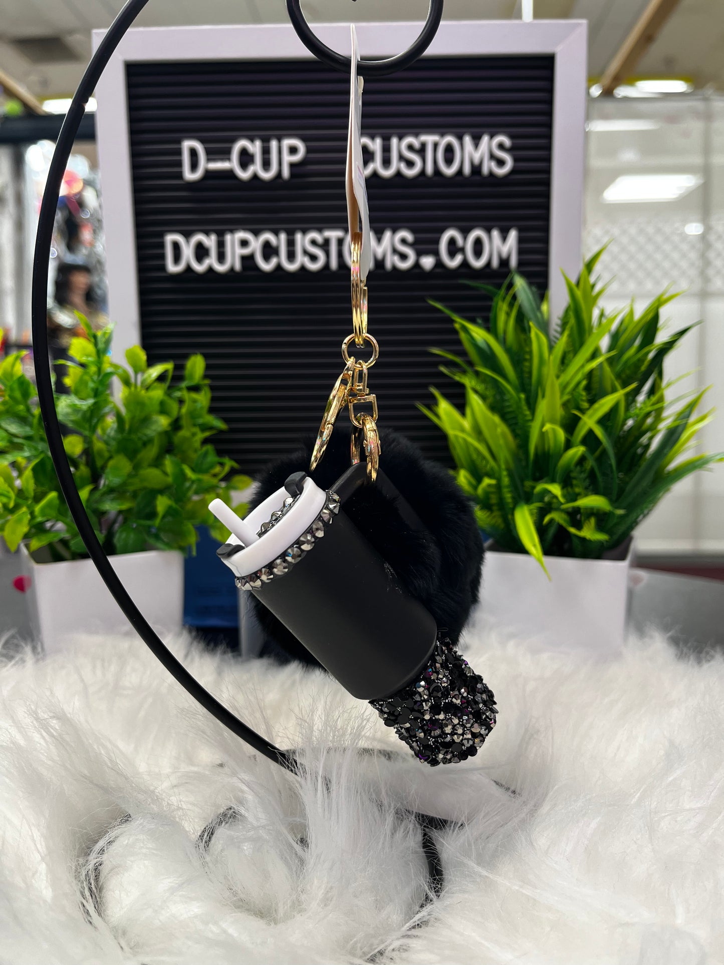 Mini Tumbler Poof Keychain (Black Sparkle)