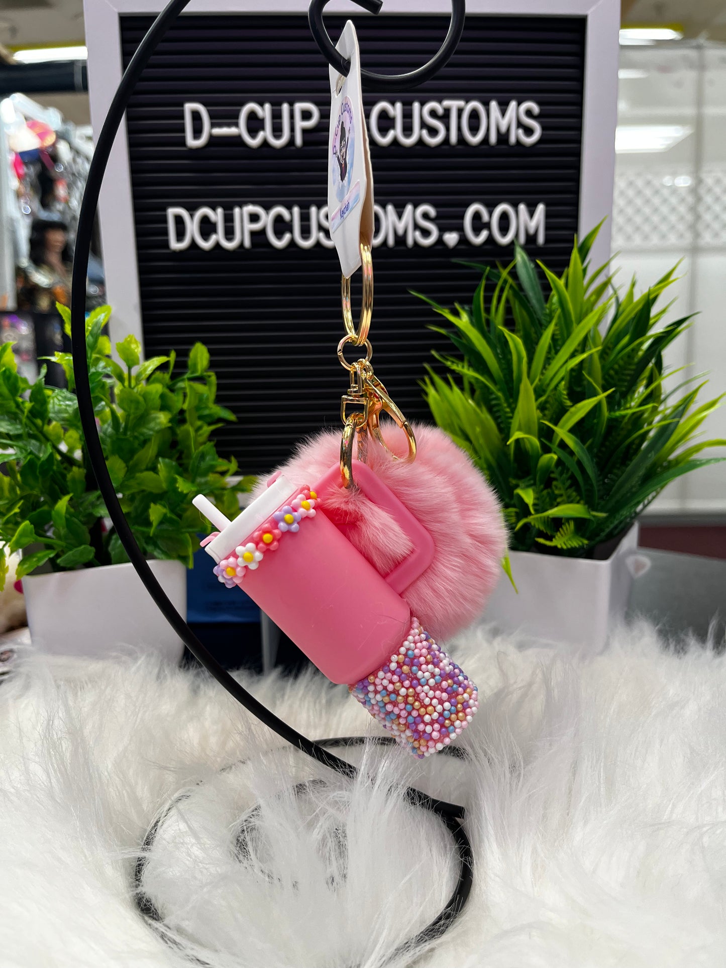 Mini Tumbler Poof Keychain (Pink Dots)