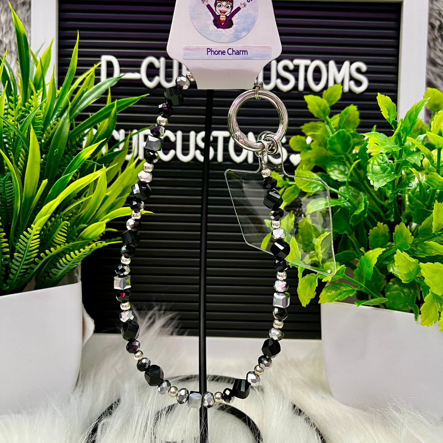 Black and Silver Beaded Phone Charm