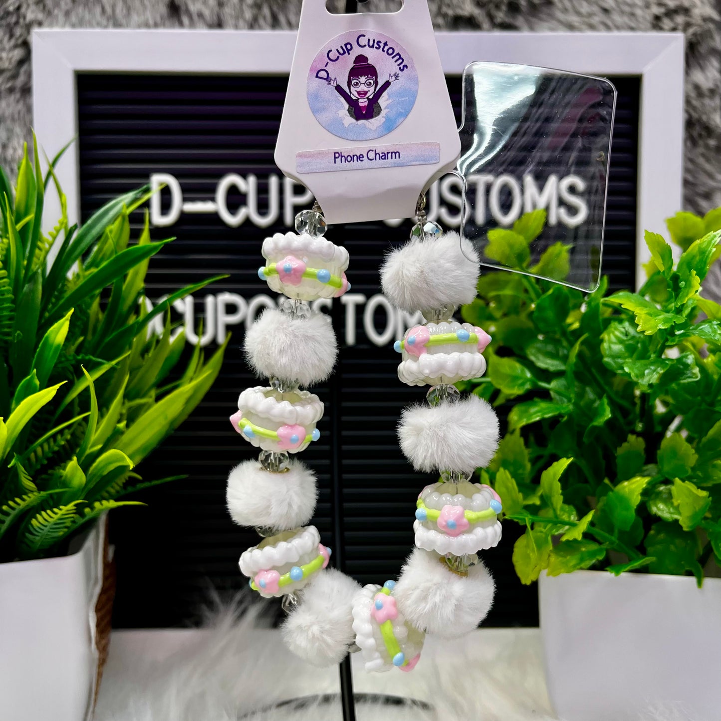 Fuzzy White & Pink Beaded Phone Charm