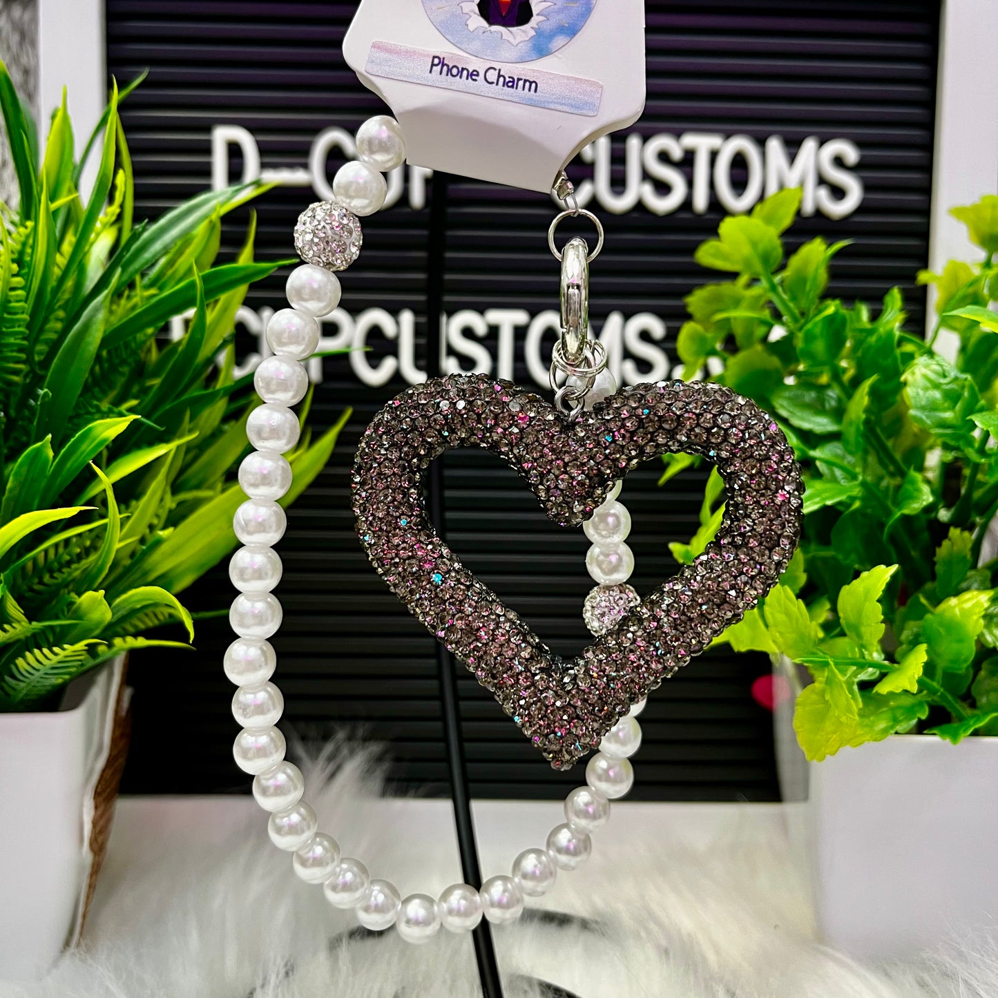 Rhinestone Pearl Heart Dangle Phone Charm