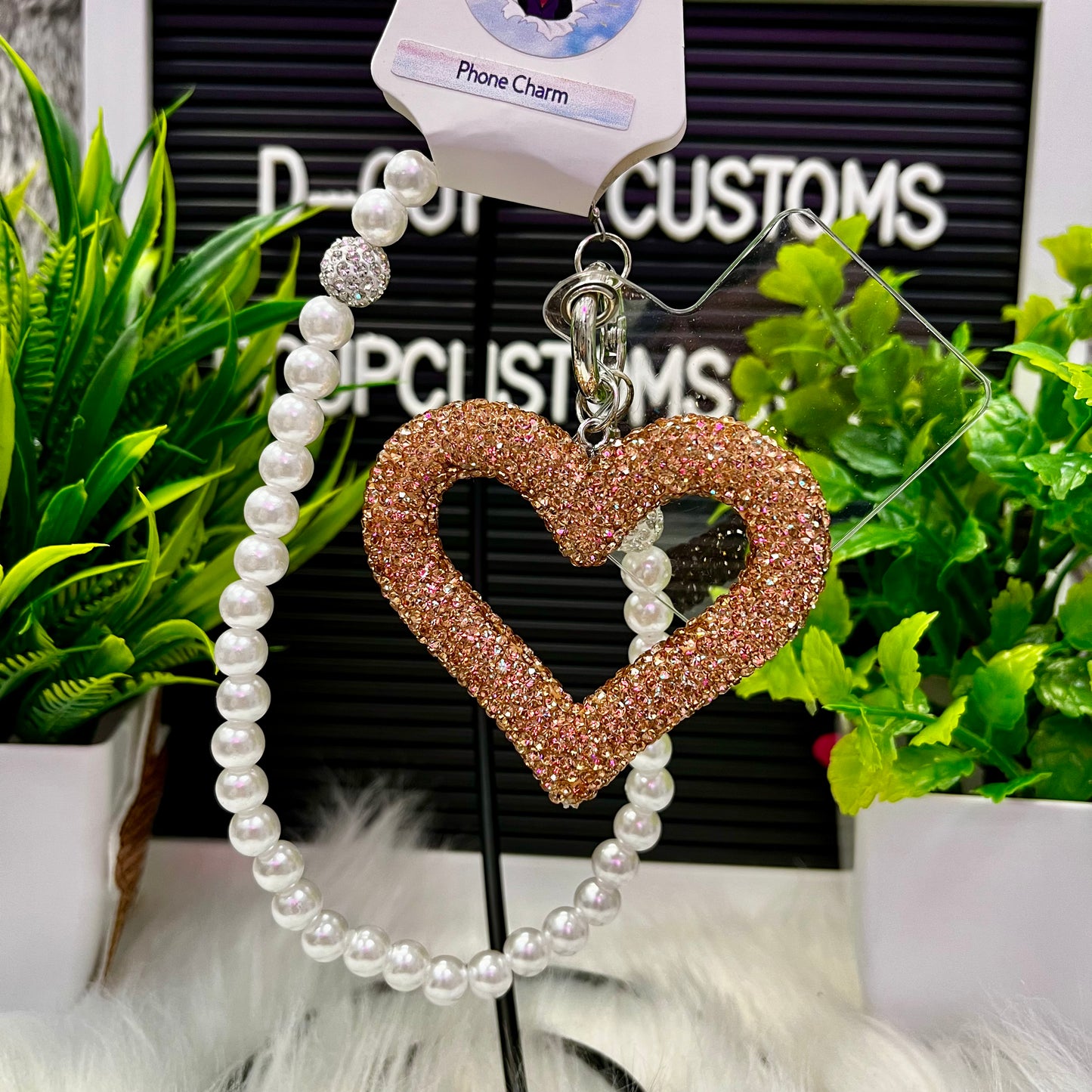 Rhinestone Pearl Heart Dangle Phone Charm (Rose)